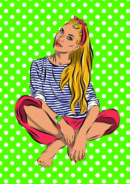 Pop Art Woman - sur fond de pois. Vecteur — Image vectorielle