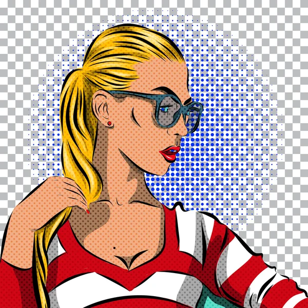 Pop-Art-Frau mit Sonnenbrille - auf gepunktetem Hintergrund. Vektor — Stockvektor