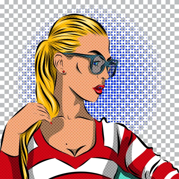 Pop Art Mujer con gafas de sol - sobre fondo de lunares. Vector — Vector de stock