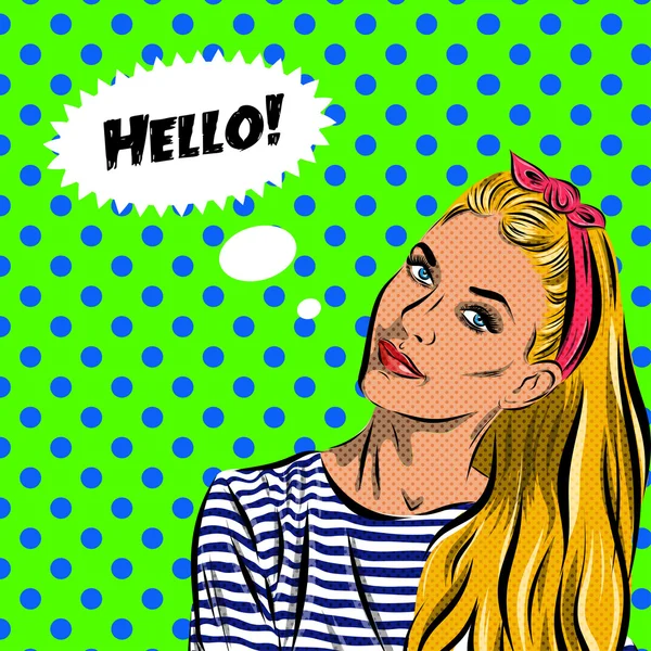 Pop Art Woman - en un fondo de lunares. Vector — Vector de stock