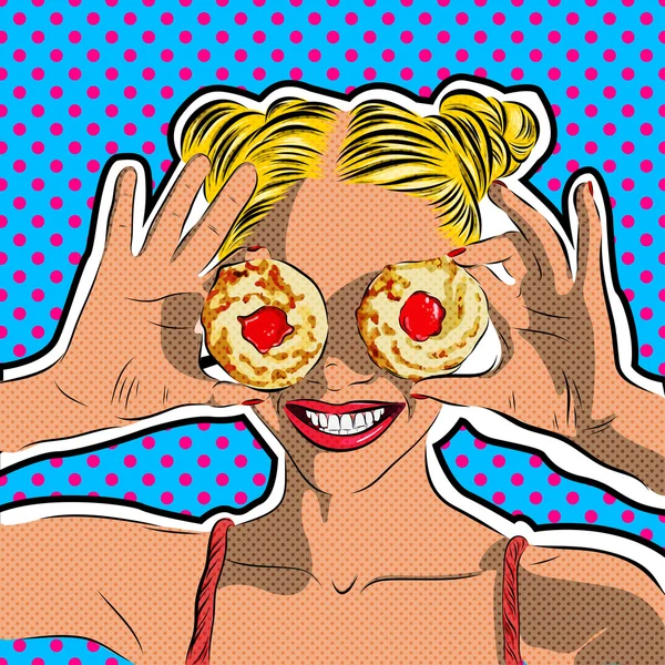 Pop Art Woman - pada latar belakang polka-dot. Vektor - Stok Vektor