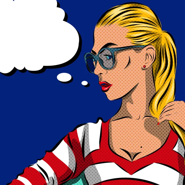 Pop Art Femme avec des lunettes de soleil sur un fond à pois. Vecteur — Image vectorielle