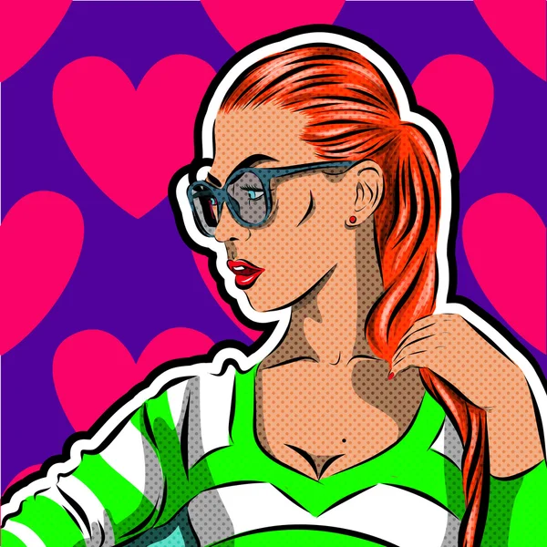 De vrouw van de Pop Art met zonnebril - op de achtergrond van een polka-dots. Vector — Stockvector