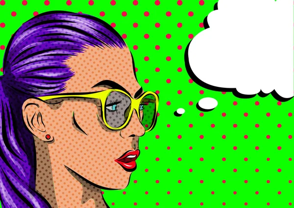 Pop Art Mujer con gafas de sol - sobre fondo de lunares. Vector — Vector de stock