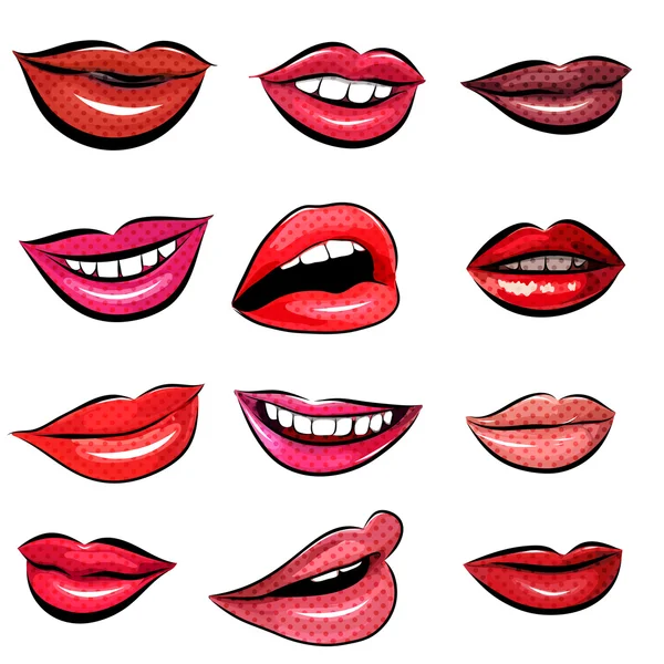 Conjunto de Lips Pop Art sobre um fundo branco. Vetor —  Vetores de Stock