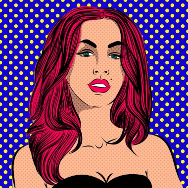 Pop Art kadın - lekeli arka plan üzerinde. Vektör