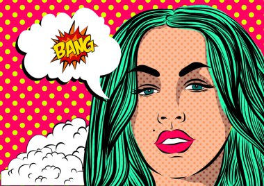 Pop Art kadın - lekeli arka plan üzerinde. Vektör