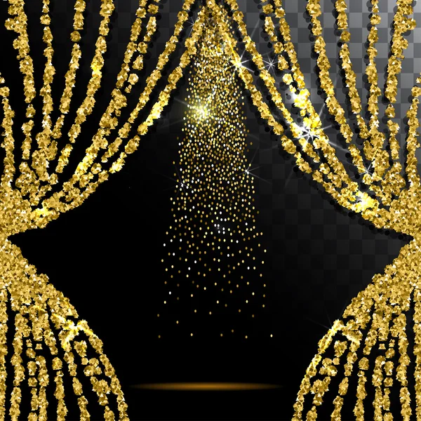 Gouden glitter gordijn met de lichte transparante achtergrond. Vector — Stockvector