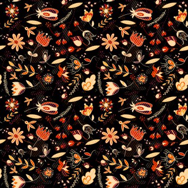 Dikişsiz desen, çiçek, çiçek çizgili siyah arka plan üzerine. Vektör