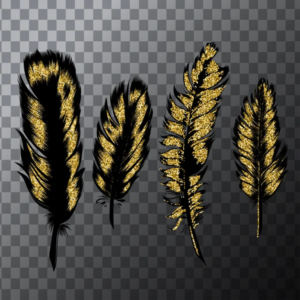 Hand drawn, vector set of gold feathers. Vintage tribal. — Stock Vector