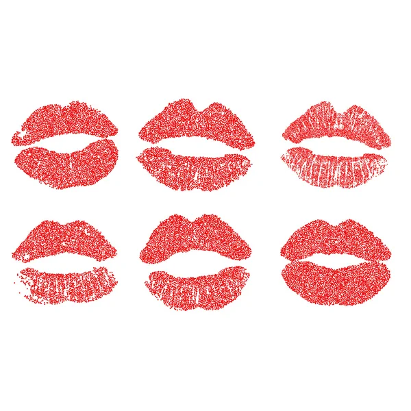 Womans lip dotted set. Girl mouths close up with red lipstick makeup. EPS vector. — Stock Vector