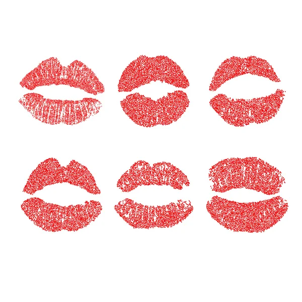 Womans lip dotted set. Girl mouths close up with red lipstick makeup. EPS vector. — Stock Vector