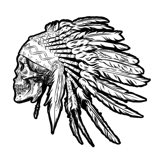 Mão desenhada nativo americano indiano penas cobertura para a cabeça com crânio humano. Ilustração vetorial — Vetor de Stock