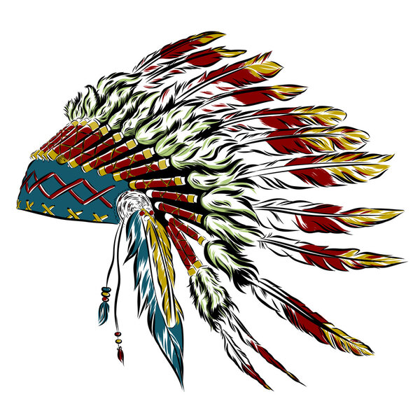 Native American indian headdress with feathers in a sketch style. For Thanksgiving day. Vector illustration.