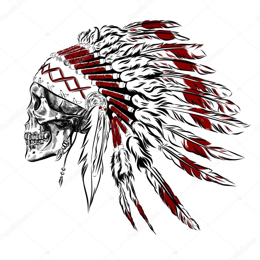 Hand Drawn Native American Indian Feather Headdress With Human Skull ...