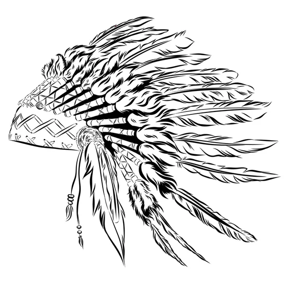 Tocado indio nativo americano con plumas en un estilo de boceto. Para el día de Acción de Gracias. Ilustración vectorial . — Vector de stock