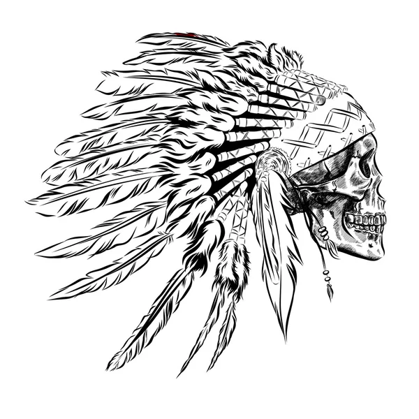 Handgezeichnete indianische Federkopfbedeckung mit menschlichem Totenkopf. Vektorillustration — Stockvektor
