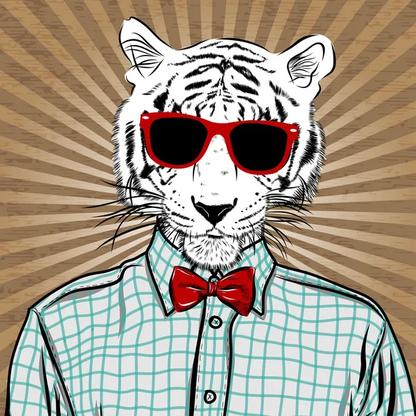 Handgezeichnete Modeillustration eines gekleideten Tigers, in Farben. Vektor — Stockvektor