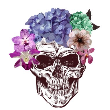 Kafatası ve çiçekler. Kroki ile geçiş etkisi. Vektör