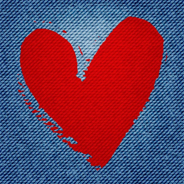 Blue Jean Textur Hintergrund mit rotem Herz Vektor Illustration. Folge 10 — Stockvektor