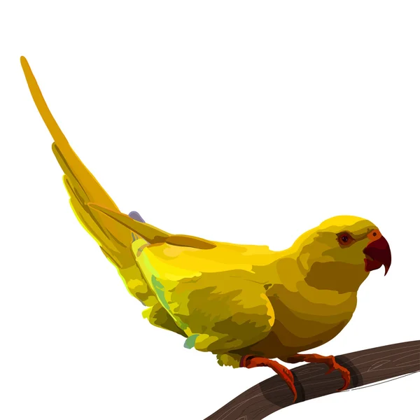 Papagaio tropical amarelo espalhou asas e árvore colorido sentado vetor realista . — Vetor de Stock
