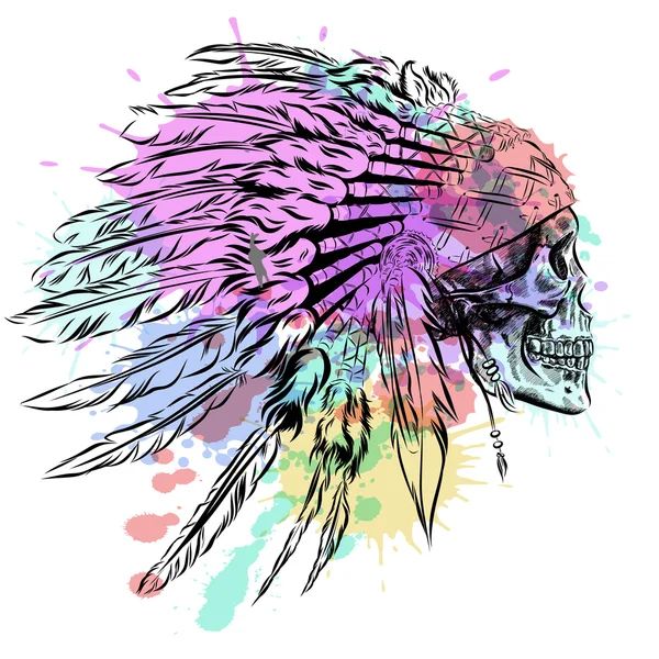 Hand Drawn Native American Indian Feather Headdress With Human Skull. Vector watercolor Illustration — Stock Vector