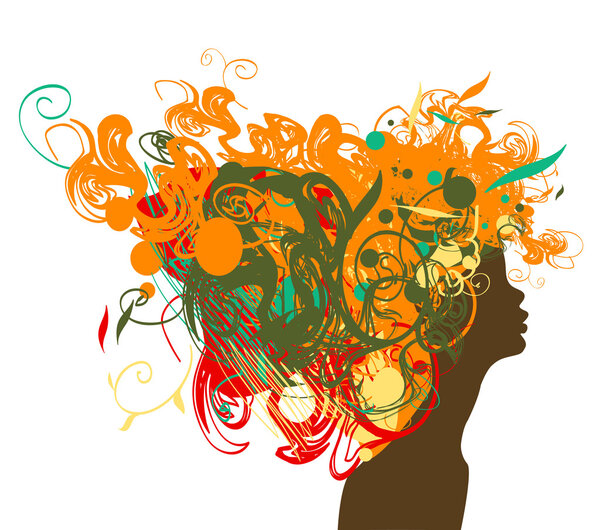 Beauty retro girl silhouette with multicolor hair.