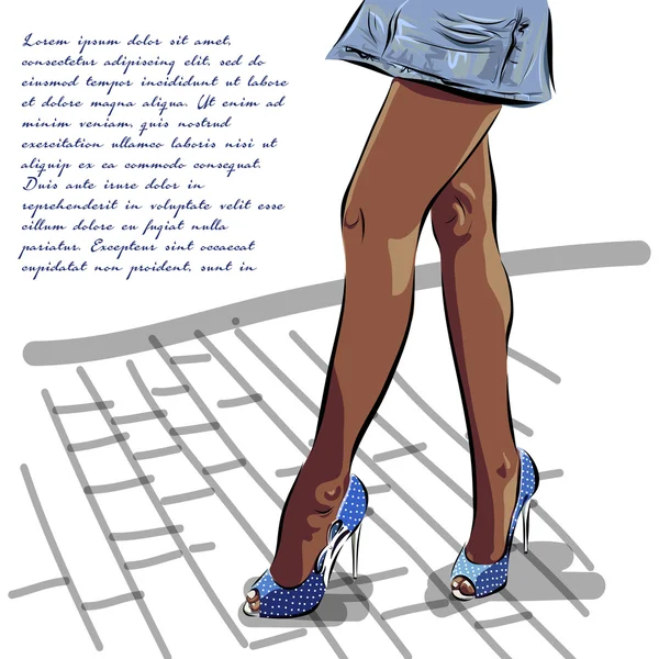 Ilustração com pernas de mulher na moda verão sapatos azuis —  Vetores de Stock