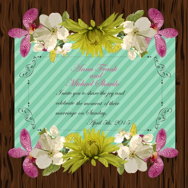 Biglietto d'invito floreale con bellissimi fiori primaverili e stile banner. Perfetto per il design di matrimoni, saluti o inviti . — Vettoriale Stock