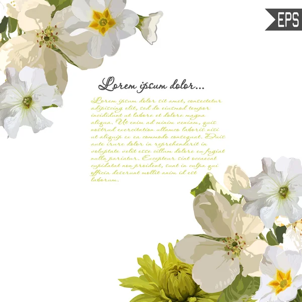 Biglietto d'invito floreale con bellissimi fiori primaverili e stile banner. Perfetto per il design di matrimoni, saluti o inviti . — Vettoriale Stock