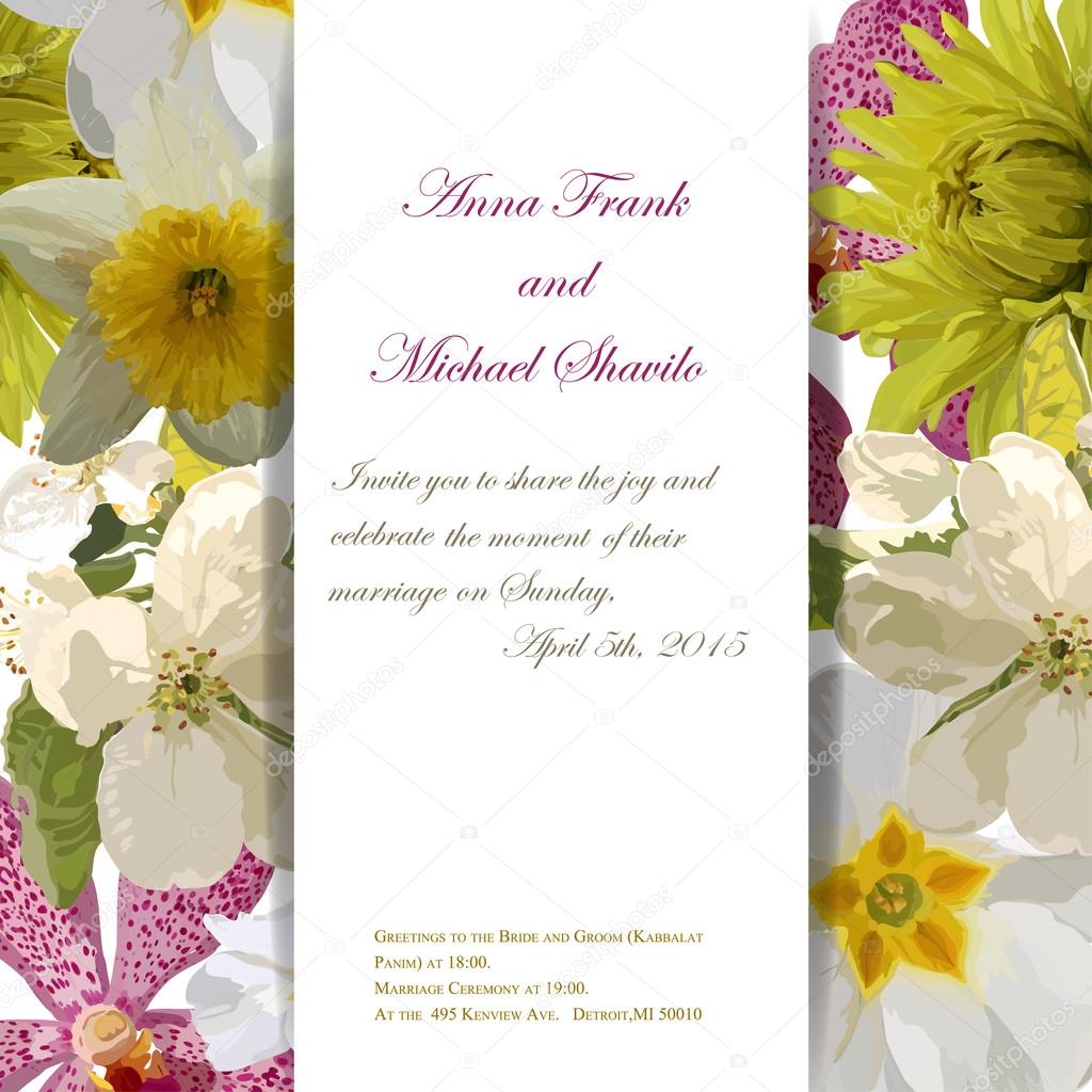 Floral invitation card with beautiful spring flowers and banner style. Perfect for wedding, greeting design.