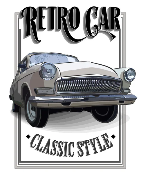 Coche retro o Vintage sobre fondo blanco. Cartel — Vector de stock