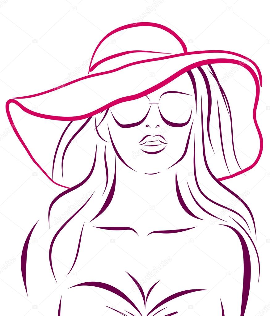 Vector girl in bikini and hat on a white background.