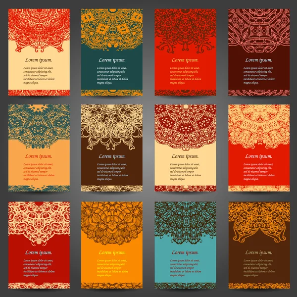 Retro visitekaartje uitnodiging instellen Vector. Vintage decoratieve elementen. Hand getrokken achtergrond. Islam, Arabic, Indian, Ottomaanse motieven. — Stockvector