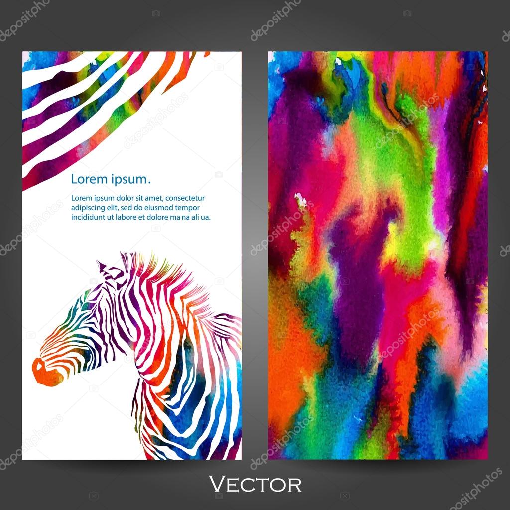 Set of two watercolor zebra business cards on a background. Vector