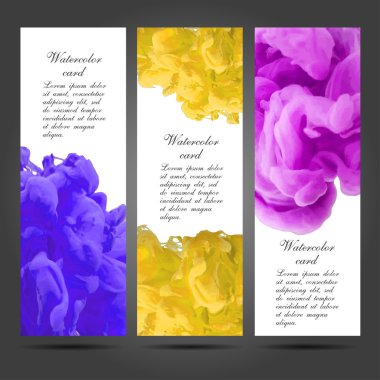 Three vector business cards template with hand painted watercolor ink brush strokes backgrounds and splatters clipart