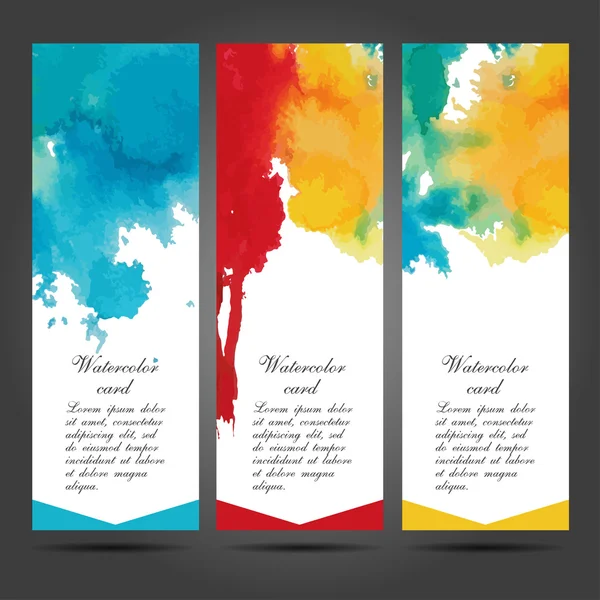 Three vector business cards template with hand painted watercolor brush strokes backgrounds and splatters — 스톡 벡터