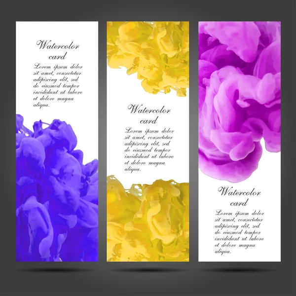 Three vector business cards template with hand painted watercolor ink brush strokes backgrounds and splatters — Stok Vektör