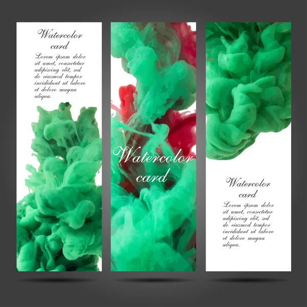 Three vector business cards template with hand painted watercolor ink brush strokes backgrounds and splatters — Wektor stockowy