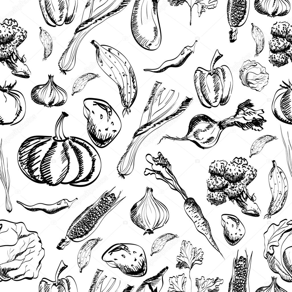 Hand drawn vegetables set on a background. Vector 