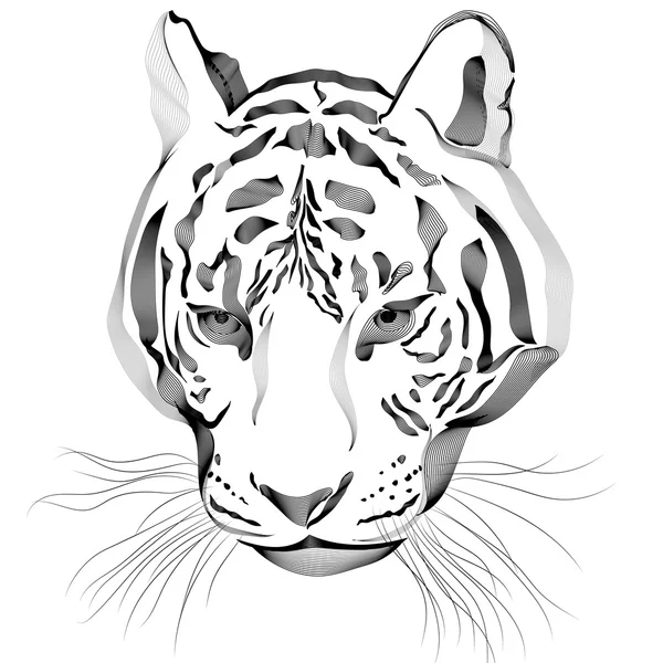 Tigre de obra de arte original con rayas oscuras, aislado sobre fondo blanco, y versión en color sepia, ilustración vectorial. EPS — Vector de stock