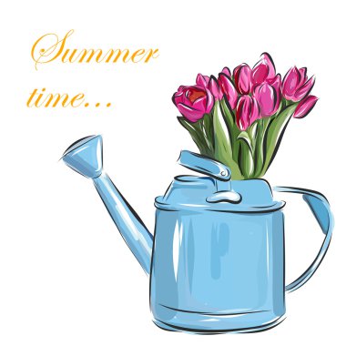 Vector watering can with tulips on a white background.