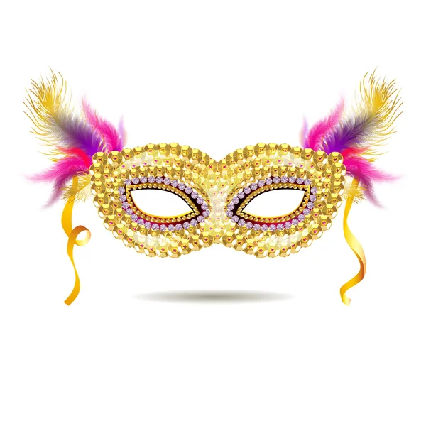 Masque de carnaval vénitien en or vectoriel avec plumes . — Image vectorielle