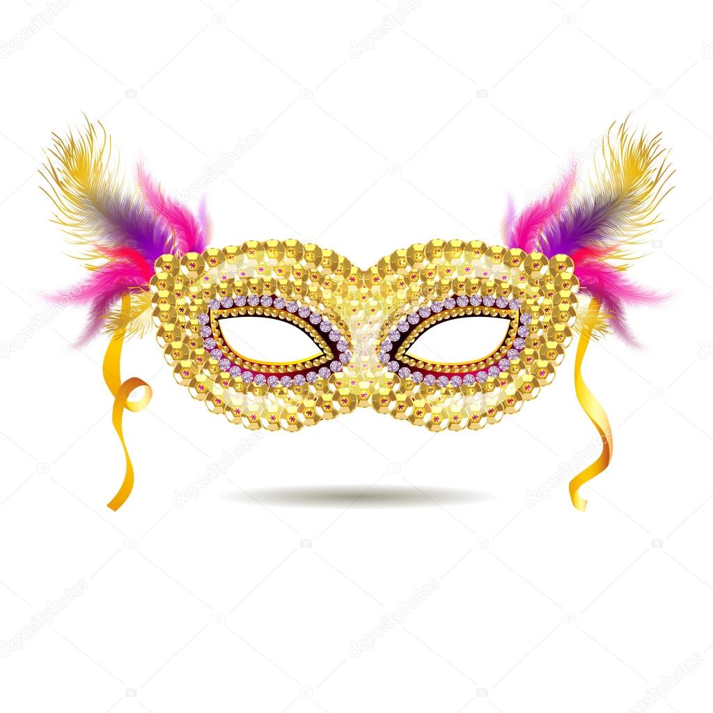 Vector gold venetian carnival mask with feathers.