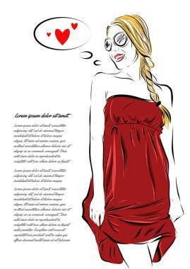 güzel genç kadın elle çizilmiş illüstrasyon.