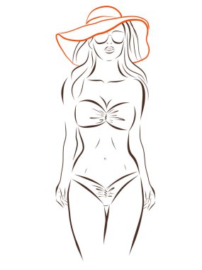 Beyaz bir arka plan üzerinde bikini ve turuncu yaz şapkalı kız.