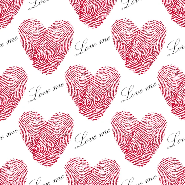 Nahtloses Muster mit rosa Fingerabdruck und Herz auf weißem Hintergrund. Vektor — Stockvektor