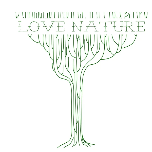 Árbol de contorno verde vectorial con texto - Love nature — Vector de stock