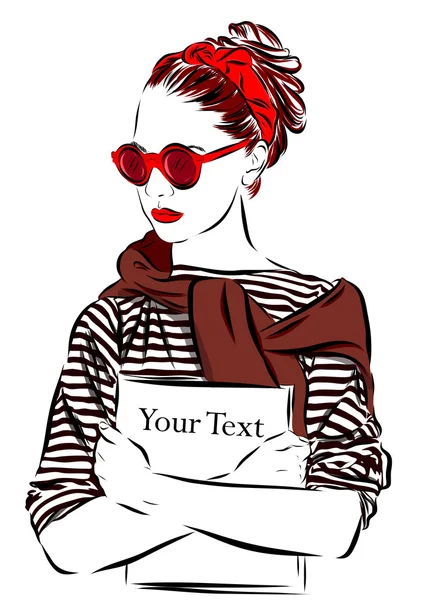 Beautiful woman in sunglasses with journal vector illustration eps 10 — Stock Vector