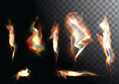 Set of realistic fire flames on transparent background. Special effects. Vector illustration. Translucent elements. Transparency grid. Vector campfire clipart